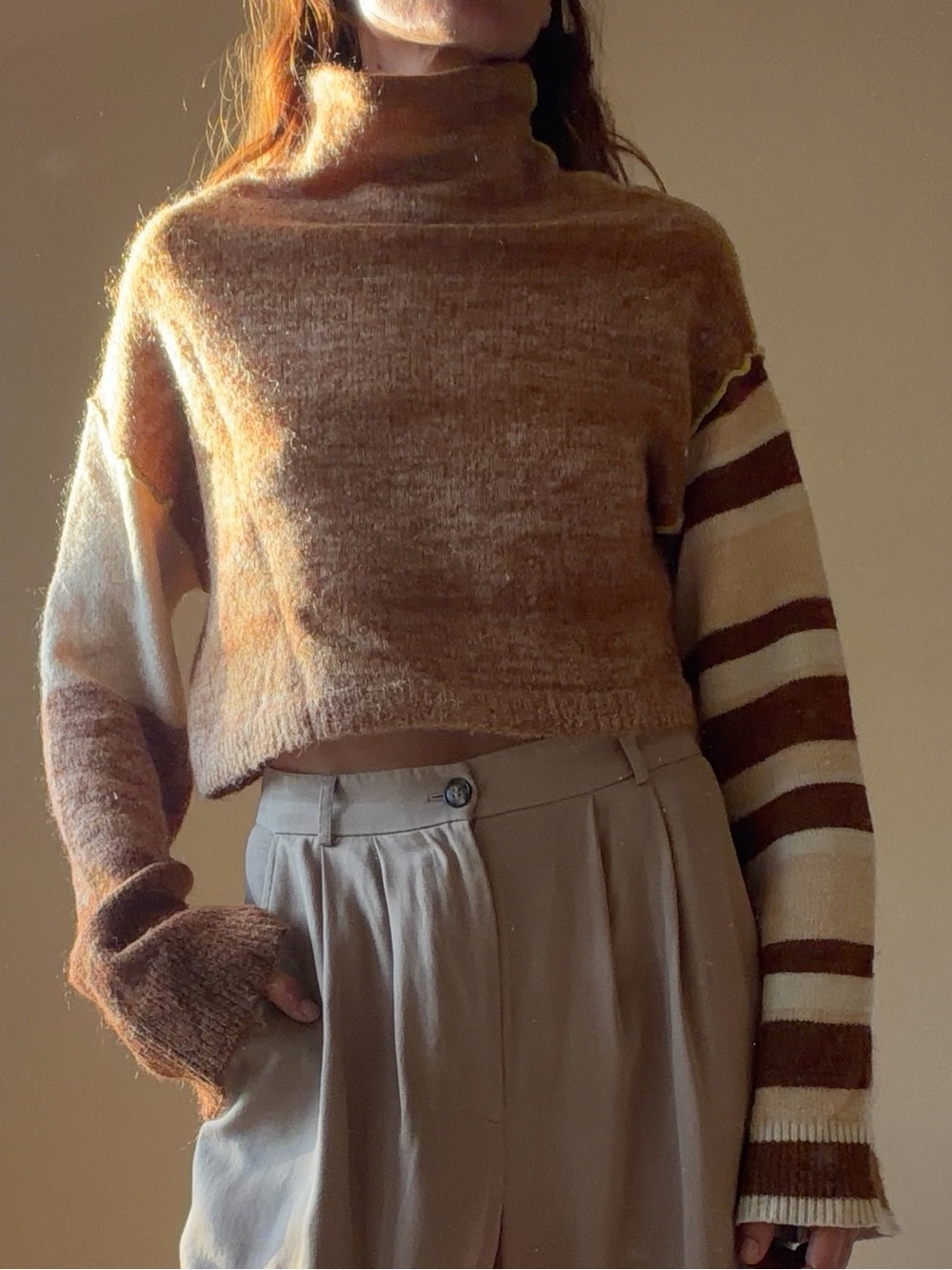 Acne Cropped Cowl Turtleneck Sweater in Brown and Cream Stripes